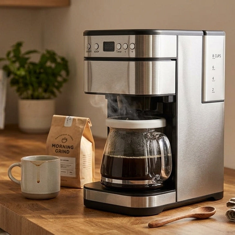 A modern stainless steel coffee maker with a glass carafe sits on a wooden kitchen counter next to a coffee bag, a mug, and a wooden spoon, with a window in the background.