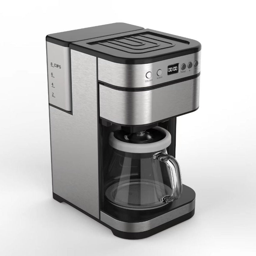 A modern coffee maker with a brushed stainless steel and black finish, featuring a glass carafe and a digital control panel on top, shown on a light gray background.